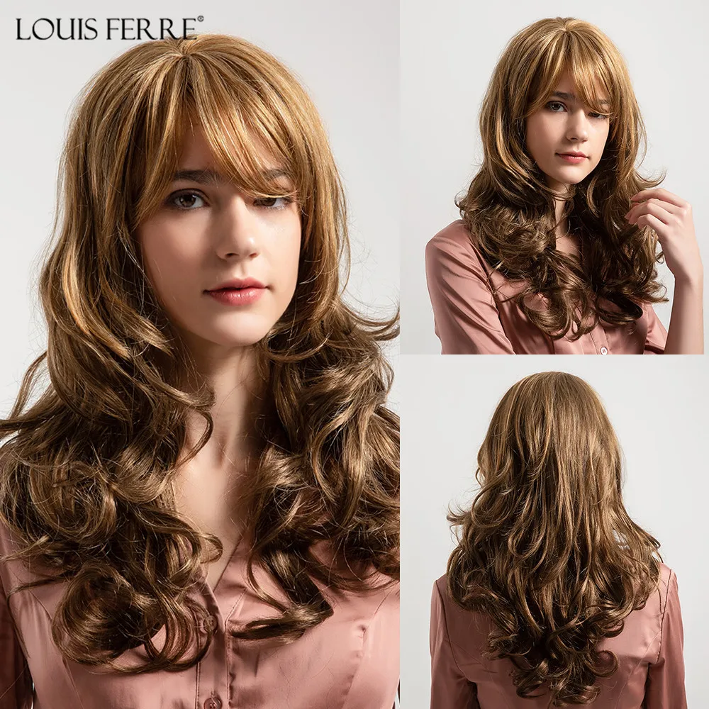 

LOUIS FERRE Heat Resistant Fiber Ombre Blonde Brown Highlight Wave Synthetic Wig for Women Cosplay Long Wigs with Bangs Cosplay