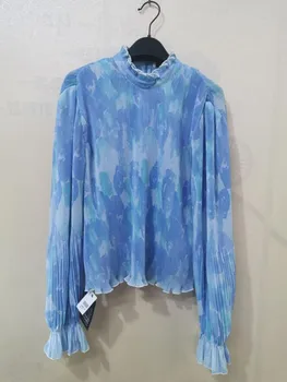 

2020 New Women Blue Blouse Long Sleeve Turtleneck Neck Pleated Print Female Casual Office Chiffon Shirt Tops Spring Summer
