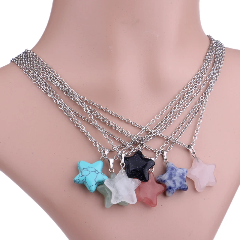 con colgante de GEMA de cristal de cuarzo para hombre y mujer, collar con colgante de piedra Natural de estrella, cadena larga para suéter, joyería para amantes, familia, amigos, regalos|Collares colgantes| -