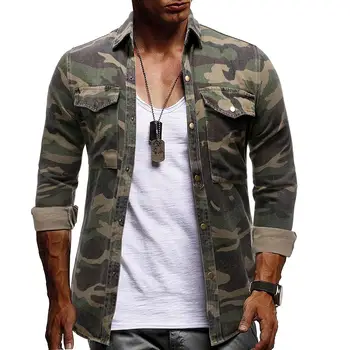 

Camouflage Denim Shirt for Man Army green Long sleeved Loose Jeans Shirts Men's Blouse New Arrival