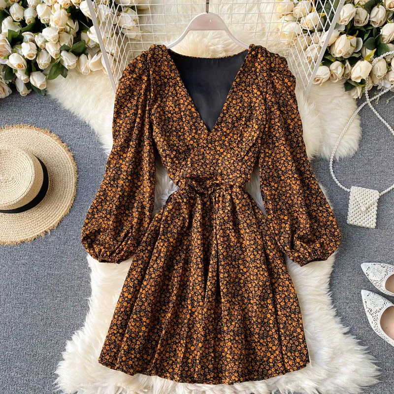 

2020 Autumn Vintage Floral Printed Women Dress Long Sleeve V-Neck Slim A-Line Chic Short Dresses Elegant Vestidos Mujer