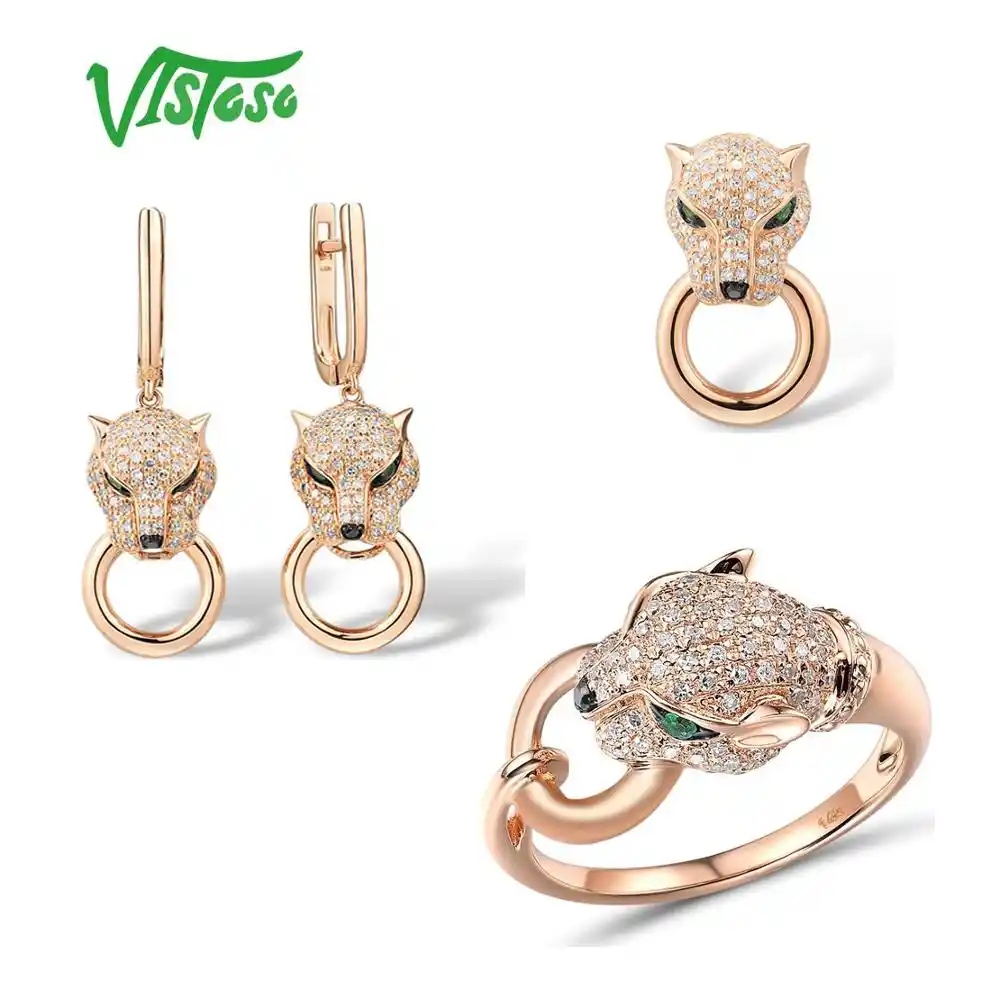 Vistoso Schmuck Set Fur Frau Reine 14k 585 Rose Gold Leopard Funkelnden Smaragd Diamant Anhanger Ohrringe Ring Set Feine Schmuck Schmucksets Aliexpress