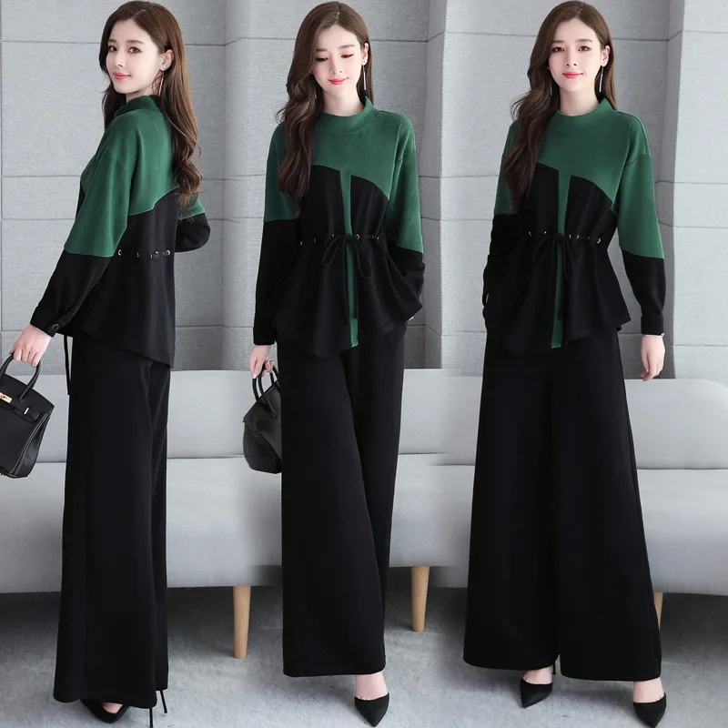 

Women's 2019 New Style Korean-style Leisure Suit Drawstring Waist Hugging Tops Early Autumn Loose Pants Trousers Western Style T