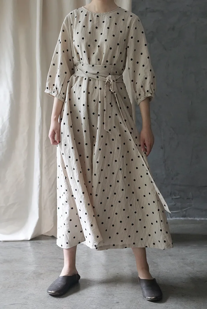 Casual New Summer Dress Three Quarter Sleeve Mid-calf Length Loose Sashes O-neck Dot Vintage Linen Women Dress