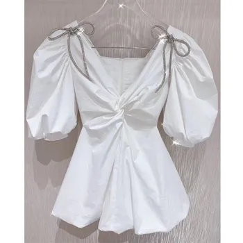 

Women white dress summer new diamond bow design V-neck bubble sleeve ladies dress party dress H043820