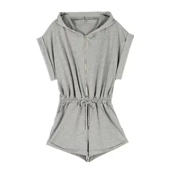 

Korean Pop Femlae Jumpsuits Loose Short Sleeve Bodysuit Workout Overalls High Waist Cotton Romper Hooded Zipper Sexy Jumpsuit