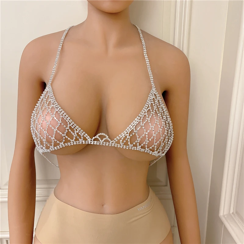 Luxury Crystal Mesh Bikini Bra Chest Belly Body Chains Jewelry for Women Rhinestone Body Chain Necklace Bra Jewelry Gift