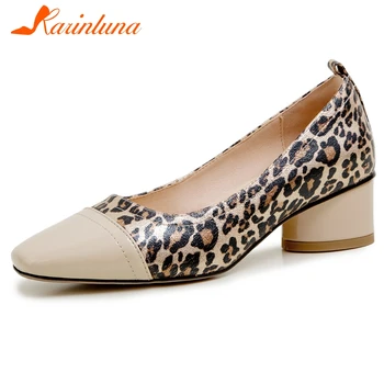 

KARINLUNA Sexy Ladies Genuine Leather Slip On Pumps Square Heels Leopard Mixed Color Pumps Women Spring Shoes Woman