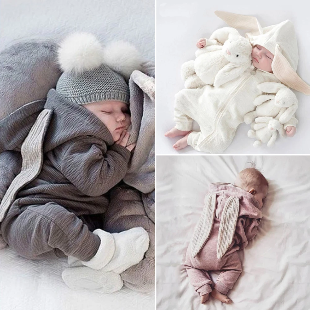 Брендовый Осенний комбинезон с длинными рукавами и заячьими ушками для новорожденных мальчиков и девочек теплая одежда Размеры от 0 до 24 месяцев