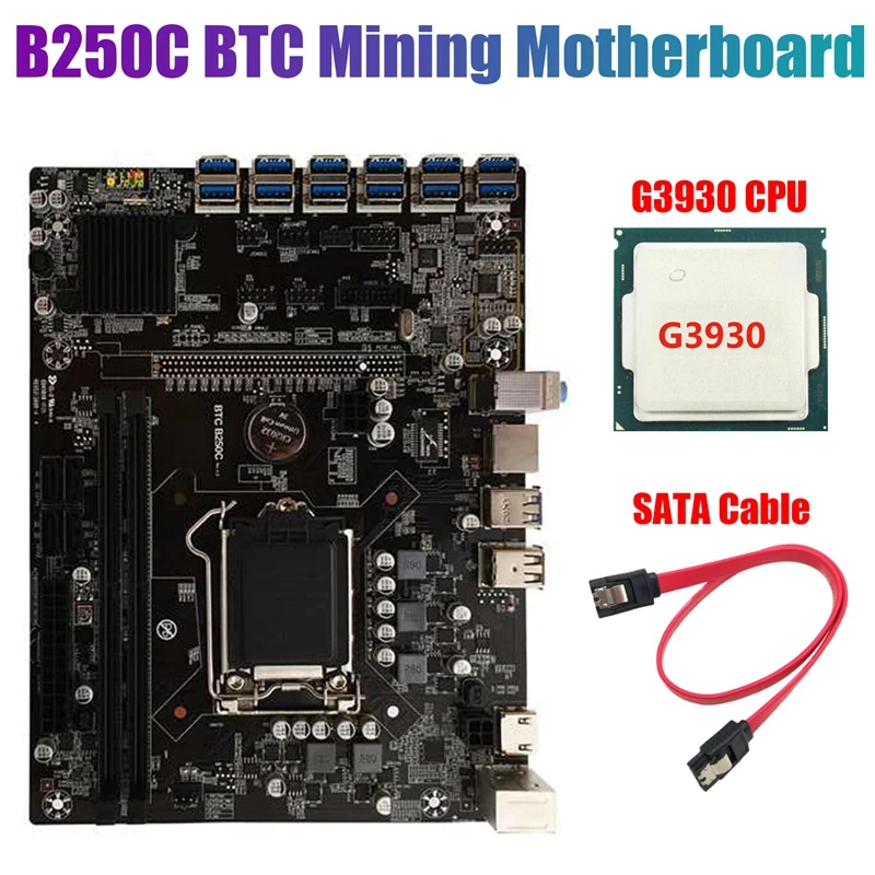 B250C BTC Mining Motherboard with G3930 CPU+SATA Cable 12XPCIE to USB3.0 Graphics Card Slot LGA1151 Supports DDR4 RAM | Компьютеры и