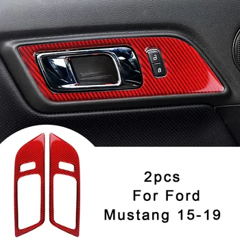 

2pcs Decoration Cover Trims Carbon Fiber Inner Door Handle Bowl Decor Stickers Red For Ford Mustang 15-19 Replacement Practical
