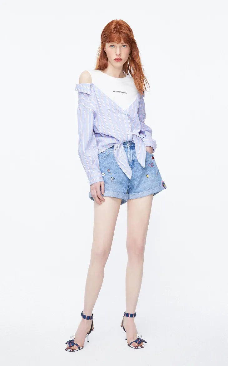 ONLY Womens Loose Fit 100% Cotton Striped Round Neckline Fake Two-piece Shirt | 119258513