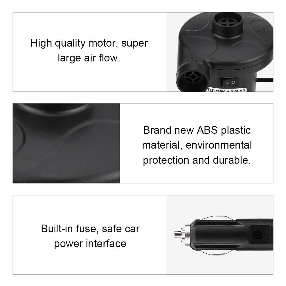 12 В автомобильный качественный абс пластиковый Электрический воздушный насос для шин дефлятор для лодки кровать матрас американская стандартная штепсельная вилка с 3 шт. адаптерами