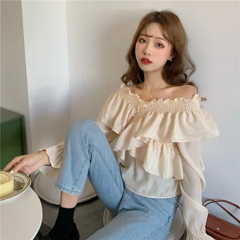 

COIGARSAM Ruffles blouse women Pleated V-Neck blusas womens tops and blouses White Apricot 7537