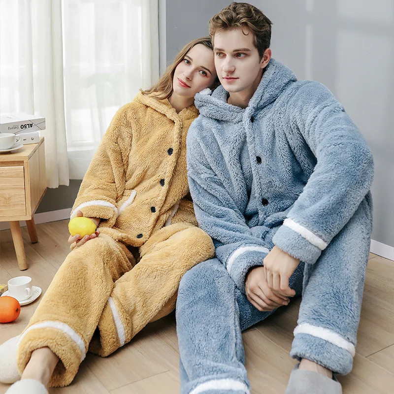 

Unisex 2 Pcs/lot Winter Pajamas Sets Women Sleepwear Warm Flannel Long Sleeves Pijama Pink Thick Homewear Pyjama Sleepwears