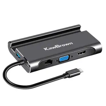 

KawBrown 7 in 1 USB Type C Hub USB-C Hub HDMI VGA Adapter Splitter Converter Bracket RJ45 Gigabit Adapter Cable