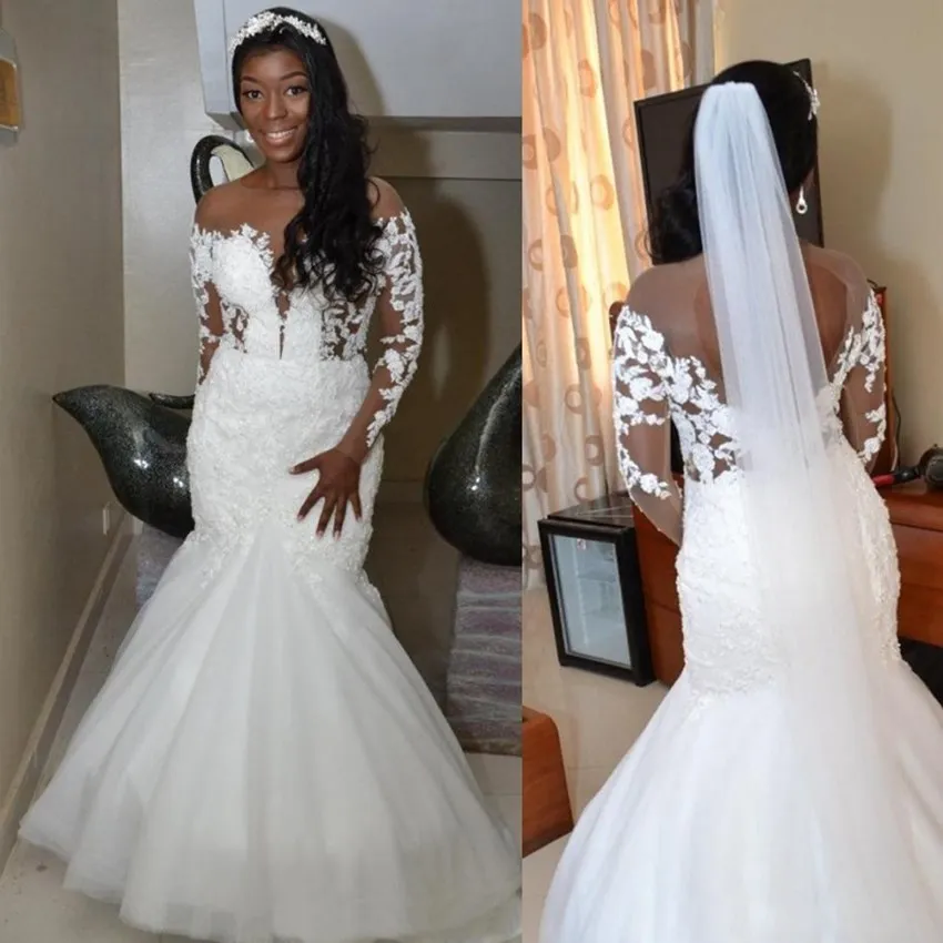 Африканские свадебные платья русалки vestido de novia Длинный рукав воротник Sheer Jewel Кружевная аппликация свадебная одежда на заказ