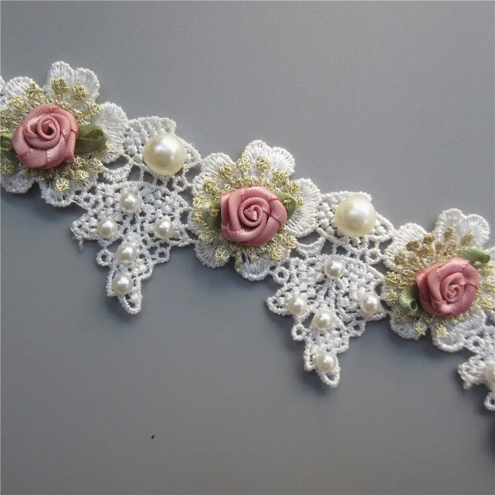 1 ярд Золотая Жемчужная роза кружевная отделка вышитая лента ткань для шитья