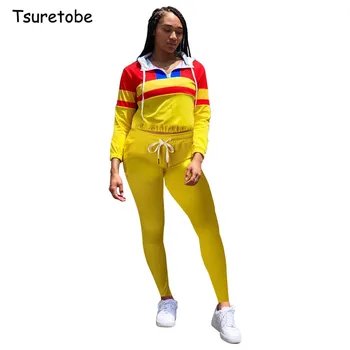 

Tsuretobe Autumn Patchwork Tracksuit Zipper Women Long Sleeve Hoodies Tops And Drawstring Pants 2 Piece Set Sweatshirts Suits