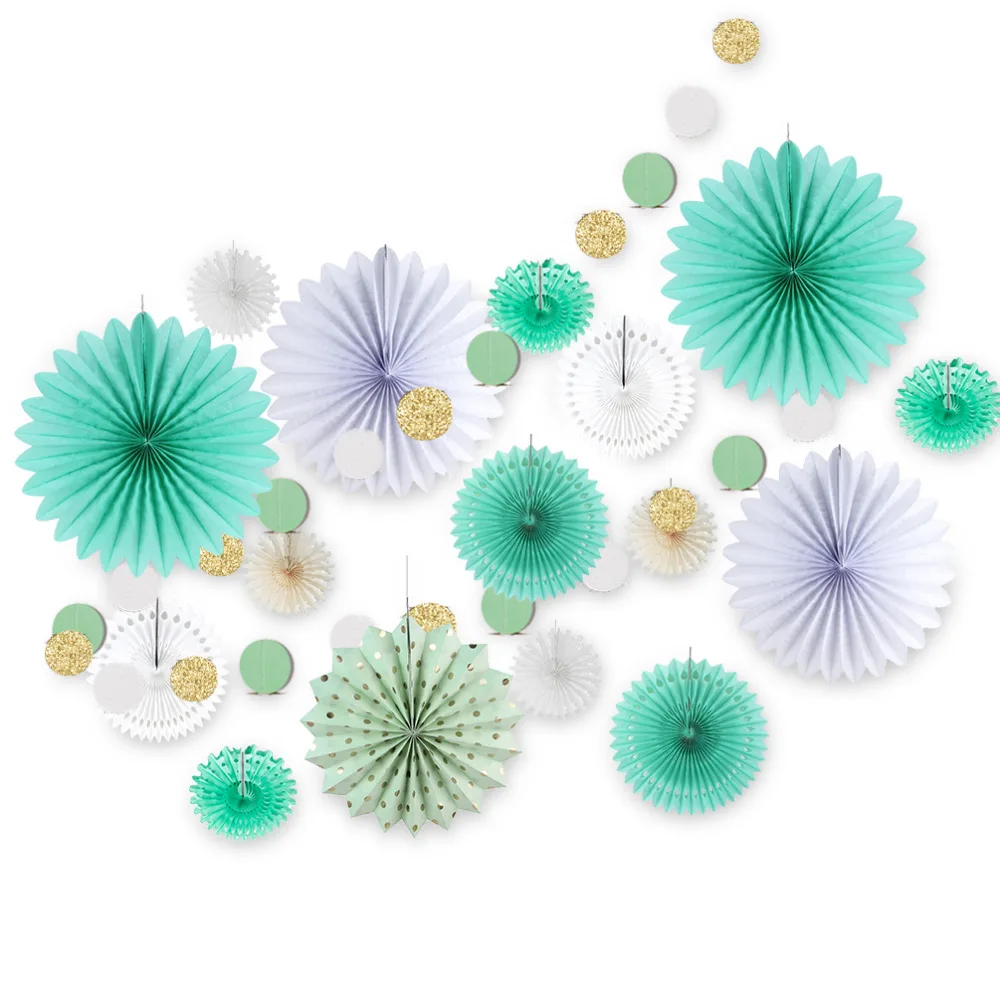 

LOYPA 17PCS Mint Green Paper Decoration Set Glitter Circle Garland Assorted Paper Fans Kids Birthday Party Wedding Shower Decor
