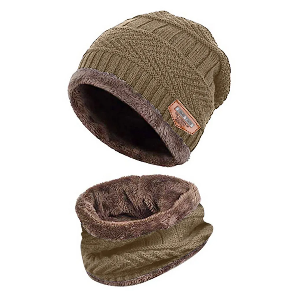 Khaki Мужская теплая шапка Skullies+ мягкий шарф, комплект из двух предметов, зимняя утолщенная шапка, Мужская ветрозащитная вязаная шапка, грелка для шеи# T5P - Цвет: Khaki