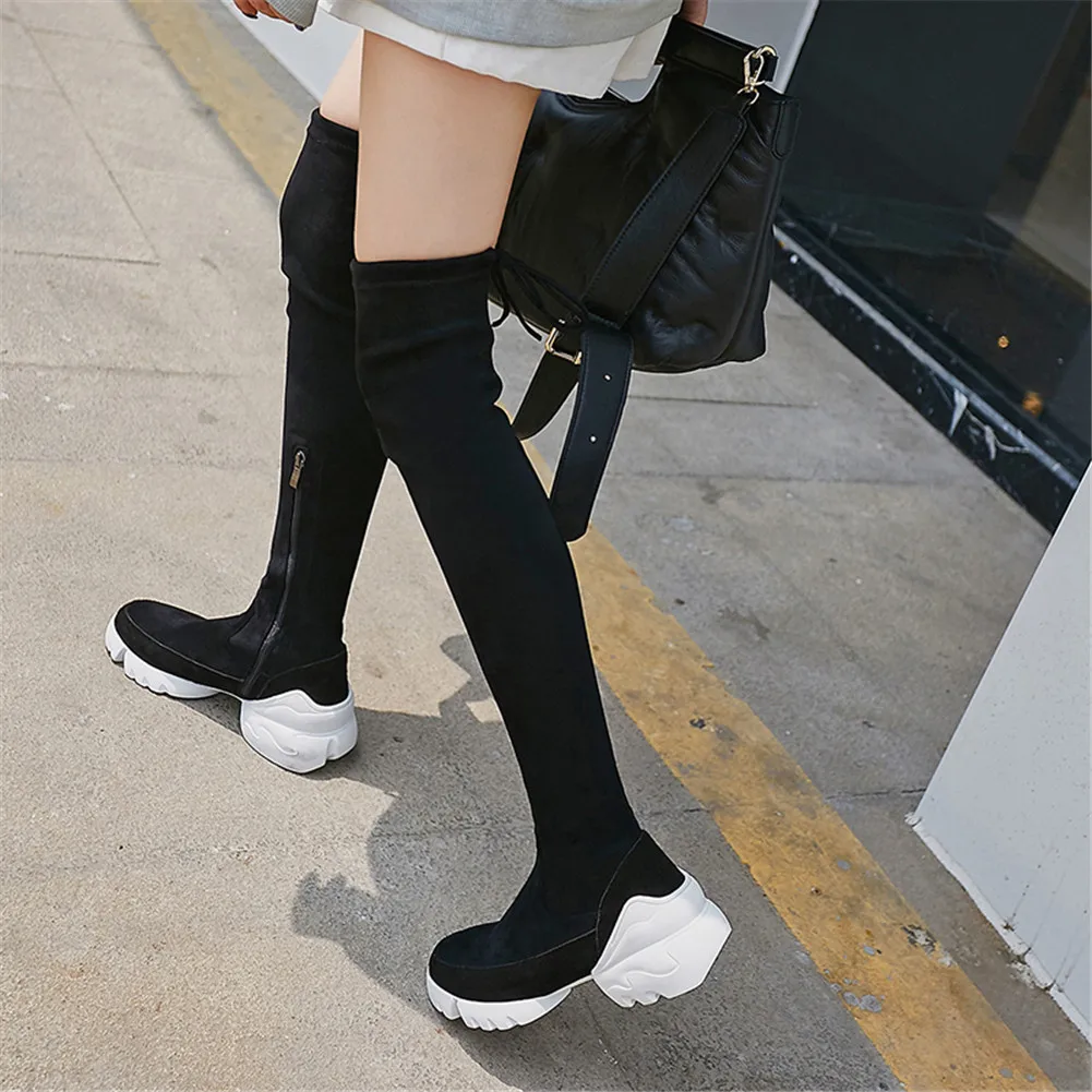 

LAPOLAKA Brand Kid Suede Leather Thigh High Boots Lady Chunky Heels Shoes Woman Casual Over The Knee Boots Women