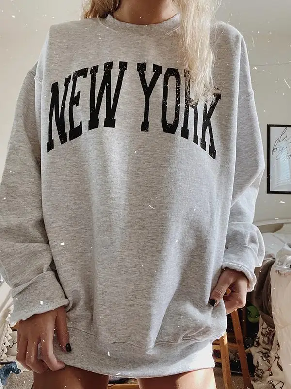 NEW YORK Letter Print Gray Pullovers Oversized Vintage Sweatshirt Women  Teens 2020 Autumn New Drop Shoulder Fashion USA Style BF - AliExpress