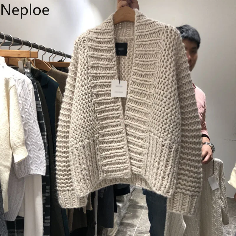 Neploe корейский Зимний вязаный открытый стежок женский свободный свитер с длинными рукавами кардиган пальто толстый кардиган свитер 55124