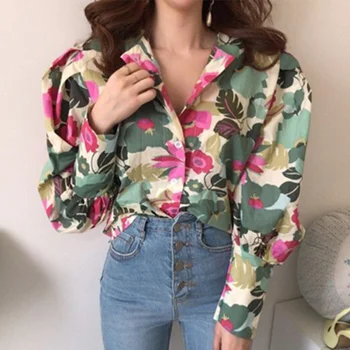 

Vintage Floral Print Women's Shirts Long Lantern Sleeve Turn-Down Collar Shirt Female 2020 Spring Casual Chic Ladies Tops