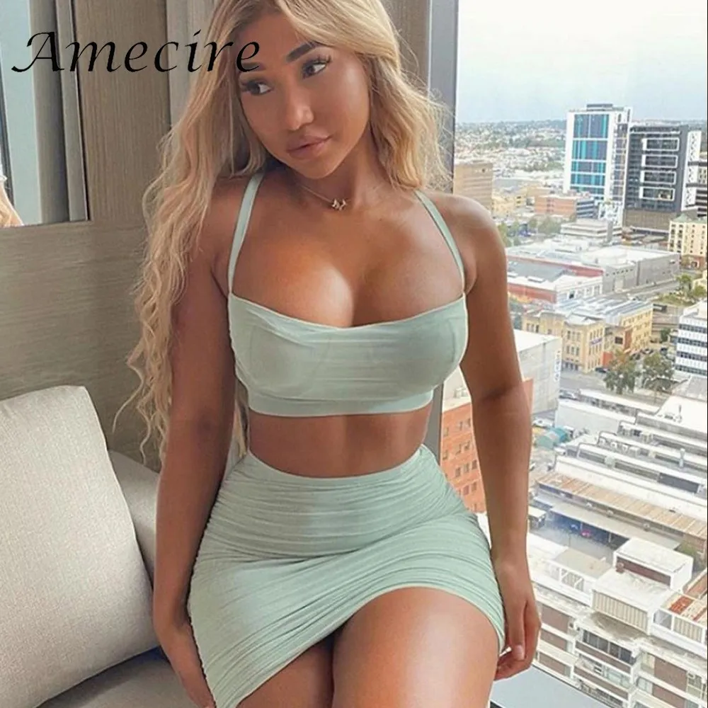Amecire Blue Padded Strapless Neck Ruched Bodycon Mini Dress Women 2021 Summer Hollow Out 2 Pieces Sundress Beachwear Vestidos |