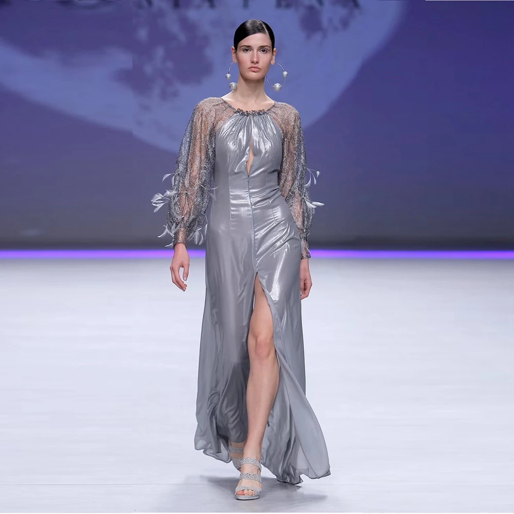 

2019 New Summer Fashion Silver Polyester Mesh Sexy Beading Long Maxi High Split Vestidos Women Dress Clubwear Celebrity Party