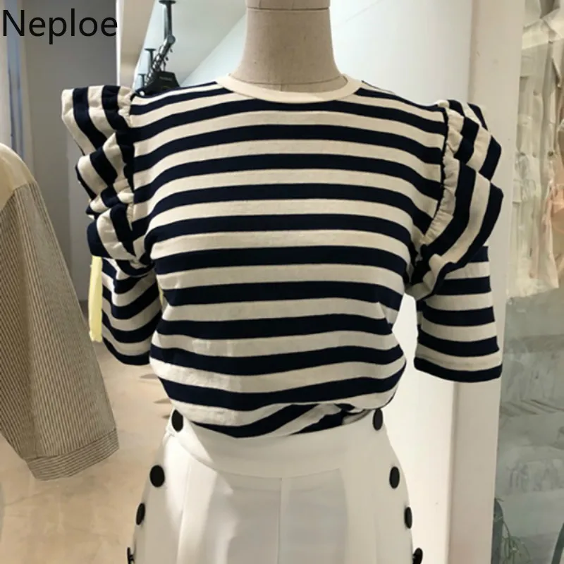 Neploe-camisetas de rayas blancas y negras para mujer, blusa coreana con volantes y cuello redondo de manga ropa informal holgada para mujer 1A030 2023