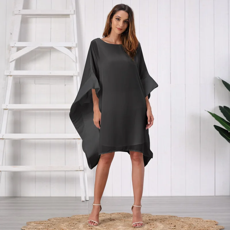 Корейская шифоновая накидка Платье с круглым вырезом и рукавами летучая мышь
