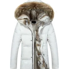 Парка с воротником из кроличьего меха, пуховик на утином пуху, Мужская теплая плотная зимняя куртка, Мужская шерстяная подкладка, длинные пальто с капюшоном, перо, Размер 5XL