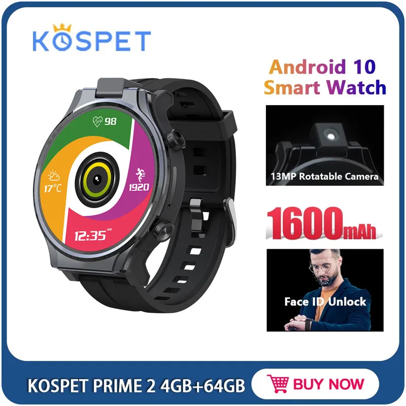 US $209.99 KOSPET PRIME 2 The Latest Smart Watch Phone 4GB 64GB 13MP Rotatable Camera 1600mAh 21 Android 10 WIFI GPS 4G LTE Smartwatch