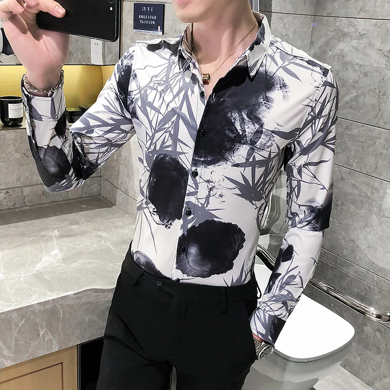 Осенняя новая рубашка с цветочным принтом мужская мода 2020 длинным рукавом