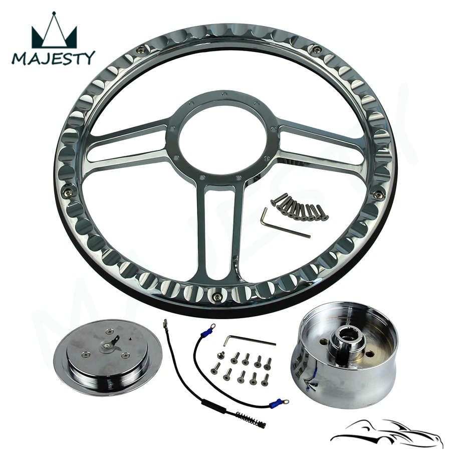 14/" TRINITY STYLE CHROME BILLET ALUMINUM STEERING WHEEL W// HALF WRAP 9 HOLE