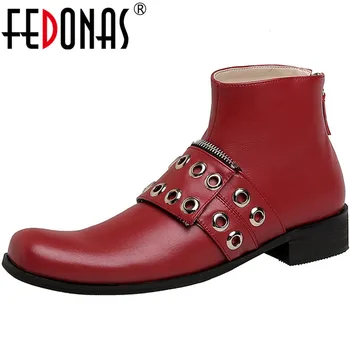

FEDONAS 2020 Autumn Winter Metal Decoration Women's Boots Genuine Leather Thick Heels Pumps Newest Party Office Shoes Woman