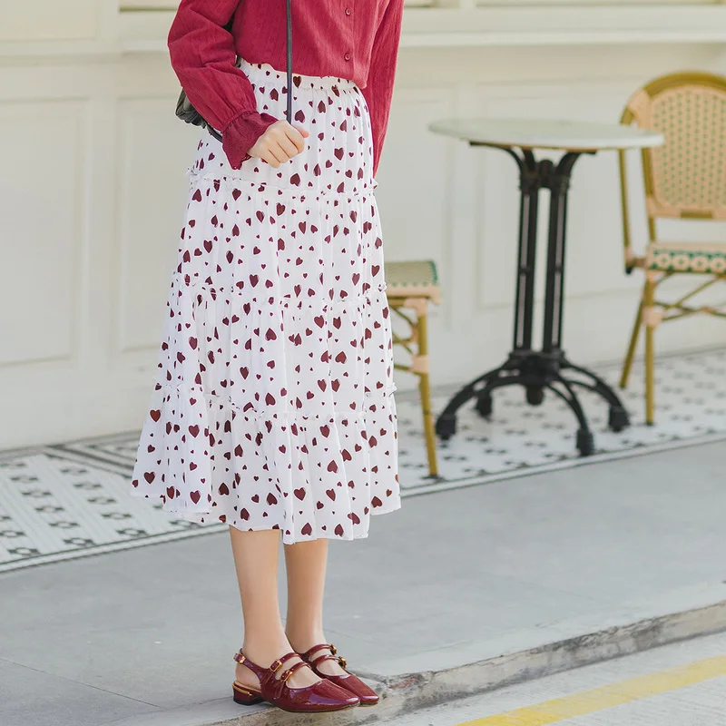 

INMAN 2020 Spring New Arrival Literary Sweet Style Heart Print Pleated A Line Mid Calf Women Girl Skirt