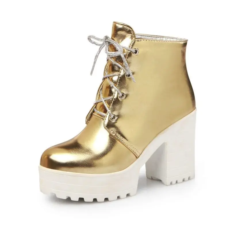 Hip Hop Block High Heel Womens Ankle Boots Fashion Faux Patent Leather Stage Show Footwear Lace Up Thick Platform Punk Shoes | Обувь
