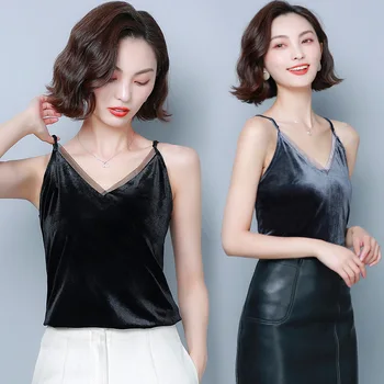 

()2019 Velvet Age Reduction Sling Vest Female Loose Mesh Splicing V Collar Backing