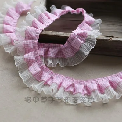 5 Yards Printing Dots Pleated Lace Trim - 4.5cm Wide Ruffled Mesh Ribbon For Sewing & Crafts (Pink)