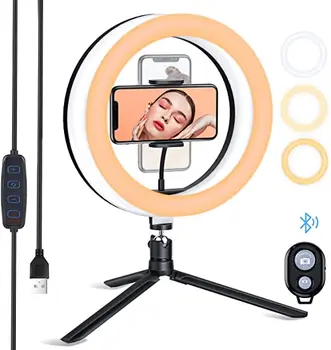 

irio 10-inch LED ring light with tripod and dimmable brightness, Selfie ring light with mobile phone holder, suitable for live