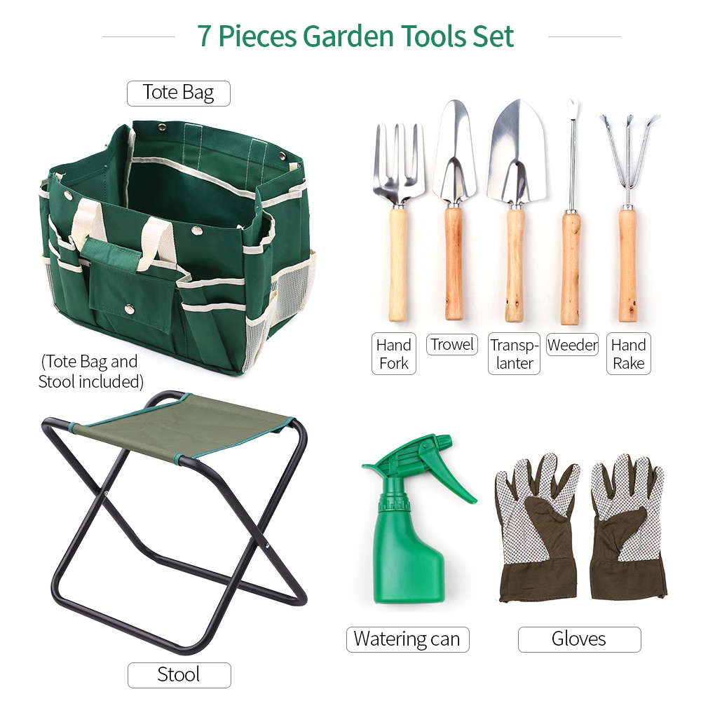 

7pcs/1 Set New Arrival Mini Garden Tools Small Shovel Rake Spade Wood Handle Metal Head Garden Tools With Folding Seat
