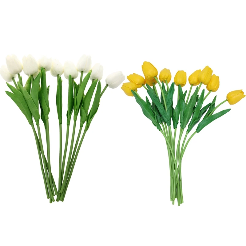 20 Pcs Artificial Tulip Flower Latex:10Pcs Yellow with Leaves for Wedding Bouquet Decorate with 10 Pcs White for Wedding Bouque