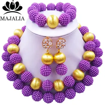 

African Beads Purple Imitation Pearl Jewelry Necklace Bracelet Earrings Bridal Jewelry Set Nigeria Wedding Jewelry Set AZ-05