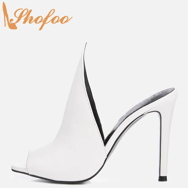 

White High Heels Peep Toe Women Mules Pumps Slip On Large Size 14 15 Ladies 2021 Summer New Fashion Casual Mature Shoes Shofoo