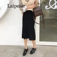 Тянущаяся трикотажная Женская юбка с высокой талией, мода, Ретро стиль, Осень-зима, плотная плиссированная Женская юбка с рыбий хвост