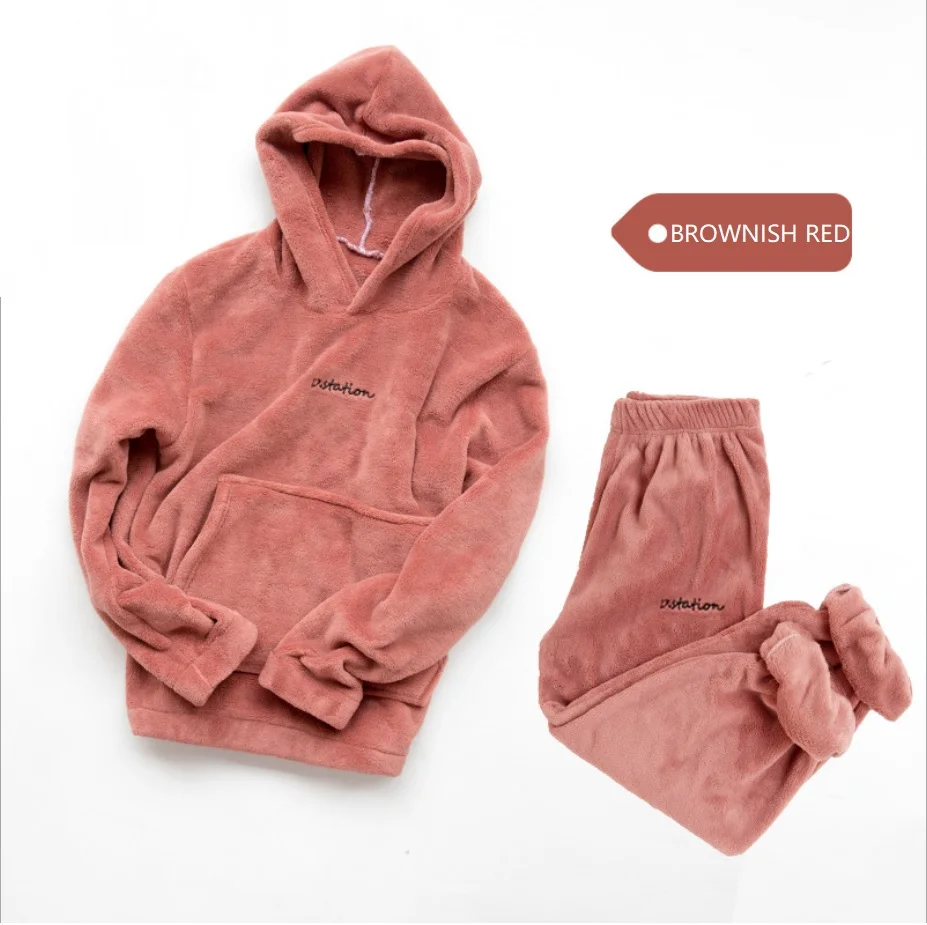 Brownish Red-Hoodie Зимний фланелевый пижамный комплект, Женские флисовые пижамы, домашняя одежда, Толстая теплая Коралловая бархатная женская ночная рубашка, Пижамный костюм - Цвет: Brownish Red-Hoodie