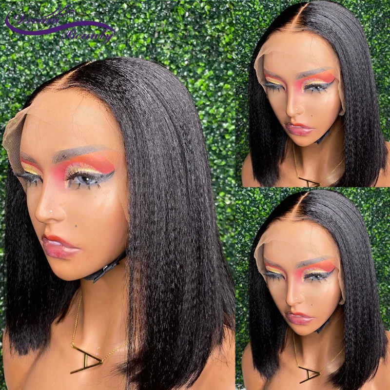 Pelucas de malla con división 13x2 T para mujer, pelucas de cabello humano Yaki lisas, Bob corto, encaje Frontal, cabello brasileño Remy 180%